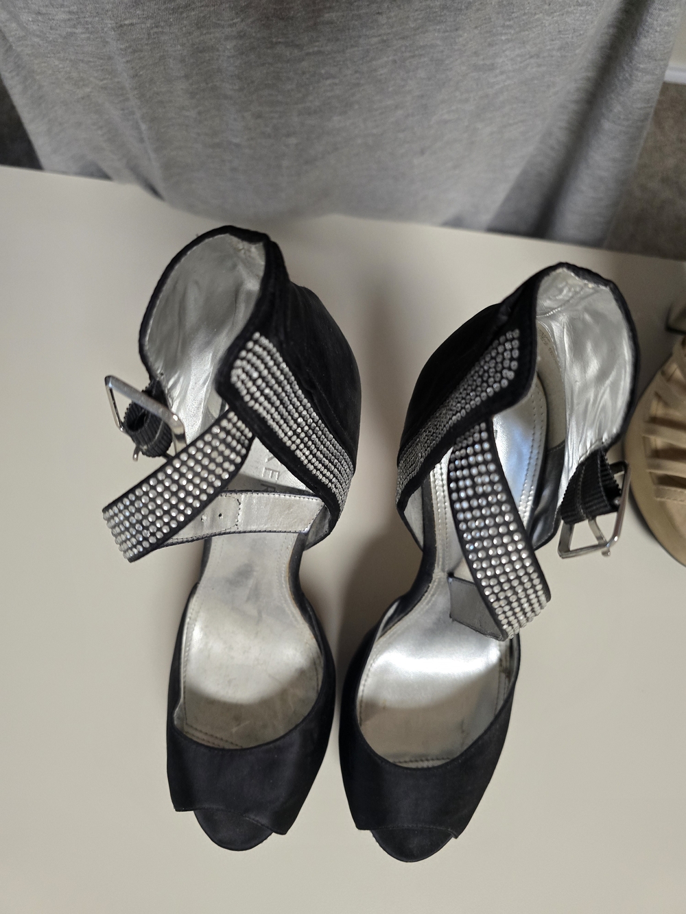 Black Rhinestone Ankle-Strap Peep-Toe Heels - Women